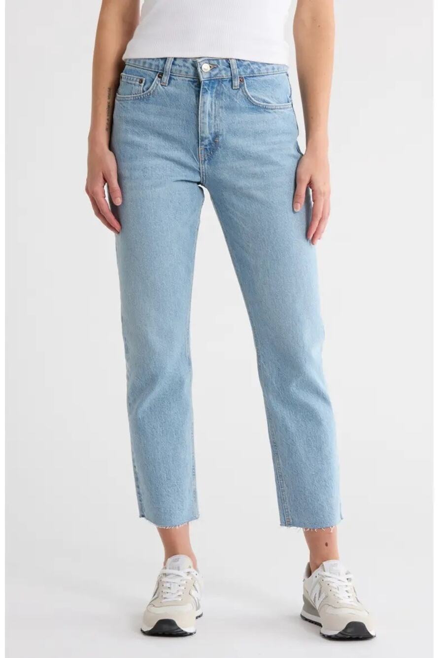 Preppy Casual Frayed Hem Medium Wash Top Shop Straight Leg Jeans Size 29x30